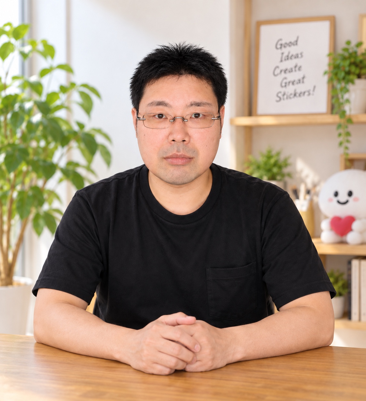 室内のテーブルに座った黒いTシャツ姿の人物の元写真